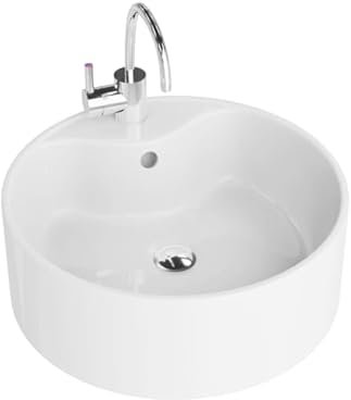 LAVITA Aufsatzwaschtisch Teneryfa Aufsatzwaschbecken Rund Waschbecken mit Überlauf und Hahnloch Aus hochwertigem Porzellan Waschtisch modernes Badkeramik Waschplatz 41x41x15 cm Weiß Glanz