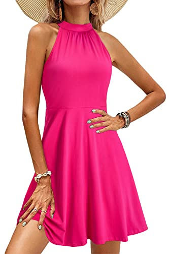 OUGES Robe D'éTé Ladies Knee Length Halterneck Dress Summer Floral Pattern Elegant Cocktail Dress(Rose-S)