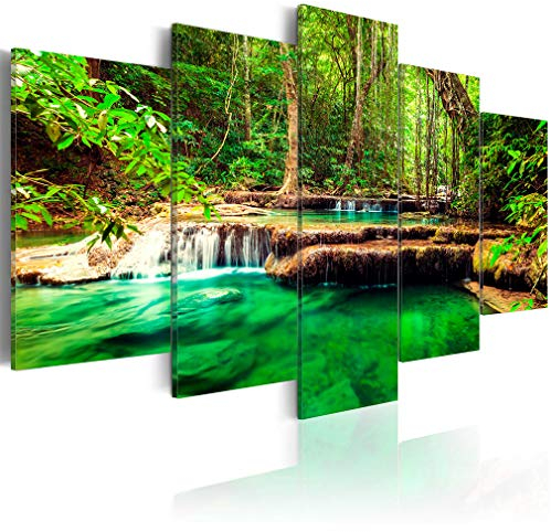 decomonkey Bilder Wald Wasserfall 225x112.5 cm XXL 5 Teilig Leinwandbilder Bild auf Leinwand Wandbild Kunstdruck Wanddeko Wand Wohnzimmer Wanddekoration Deko Natur Wald