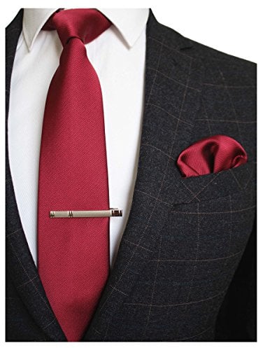 JEMYGINS Herren Hochzeit Krawatten und Einstecktuch krawattenklammer Set einfarbig in verschiedenen Farben, Dunkelrot, M