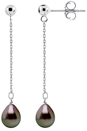 PEARLS & COLORS - Boucles d'Oreilles Pendantes - Véritables Perles de Culture de Tahiti Poires 8-9 mm - Qualité A+ - Argent 925 - Longueur 4 cm - Bijou Femme