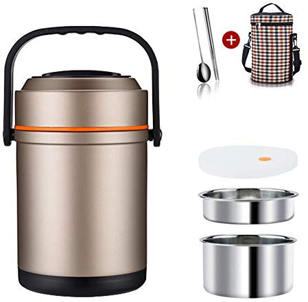 Q&Z Termo Para Comida De Acero Inoxidable 304 Fiambrera Con 2 Contenedores Interiores Aislado Al VacíO Frasco Con Bolsas De Aislamiento Y Vajilla Para NiñOs Y Adultos,Oro,1.9L