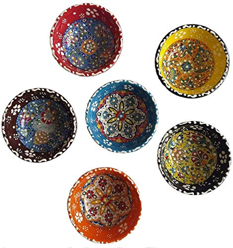 Tubibu Set di 6 ciotole decorative in ceramica turca, realizzate a mano, multicolore, piccole ciotole da portata (Deco, 8 cm)