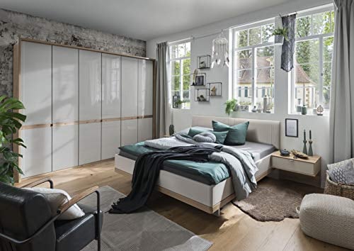 WIEMANN Barcelona Bett, Doppelbett, Bettgestell 180 x 200 cm, Bianco Eiche, Futonbett, schwebend, Komforthöhe, Kopfteil gepolstert, Creme, Champagner