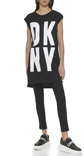 DKNY Women's Exploded Logo Cotton Blend Tunic T-Shirt, Black / White, S