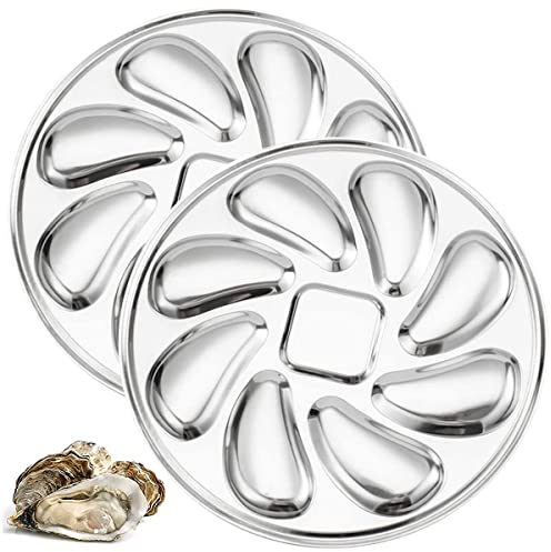 Zliger 2 Pièces Assiette à Huîtres en Acier Inoxydable,Plateaux de Service à Huîtres Plat à Escargots pour les Trempettes et la Sauce au Citron
