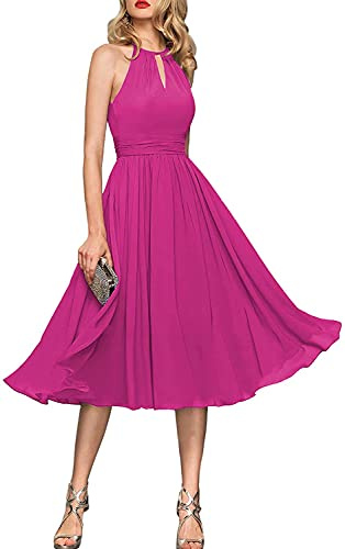 N/ C Robes courtes de demoiselles d'honneur sans manches pour femmes - Robes de demoiselles d'honneur ligne A - Robe de bal de fin d'année pour juniors - Robe d'invitées de mariage, rose vif, 42