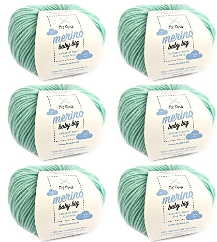Myoma Merino Babywolle Big Minze (Fb 8010) - 6 Knäuel Mintgrün + GRATIS Label - 25g/85m - Nadelstärke 4mm - Wolle zum Stricken