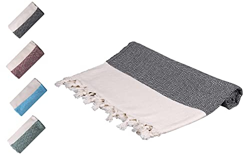 Komfortec Strandtuch XXL 100x180 cm aus%100 Baumwolle, Hamamtuch & Saunatuch, Klassisch Pestemal, Saugfähiges & Schnelltrocknendes, Schwarz