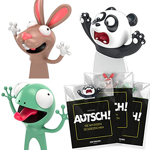 KXT Witzige 3D Lesezeichen - Original AUTSCH! Cartoon Tiere - Lustiges Geschenk für Kinder und Erwachsene (3er Hase Panda Gecko)