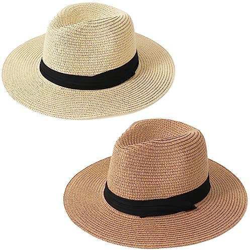 KXF 2 Pack Straw Sun Hat for Women Men Summer Beach Straw Sunhat Unisex Wide Brim Panama Sun Cap Adjustable Women Beach Travel Lightweight Cap