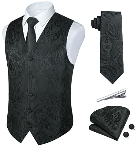 Rithern Herren Weste Paisley Floral Jacquard Seide Krawatte Einstecktuch Taschentuch Set Mit Manschettenknöpfen Und Krawattenklammer Für Hochzeitsfeier Anzug Weste Schwarz XXXL