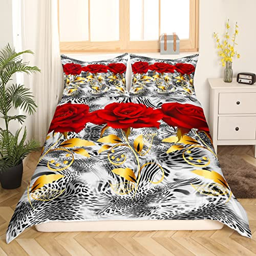 Homemissing Rouge Rose Rose Leopard Pattern Housse de Couette Romantic Rose Parure de Lit 220x240cm pour Enfants Garçons Cheetah Print Sets de Housse de Couette Floral avec 2 taies d'oreiller