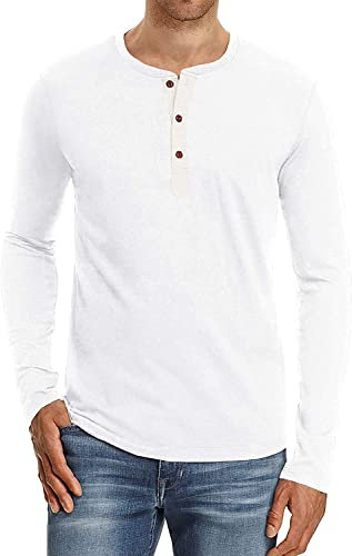 Sailwind Mens Henley Long Sleeve T-Shirt Cotton Casual Shirt(White,M)