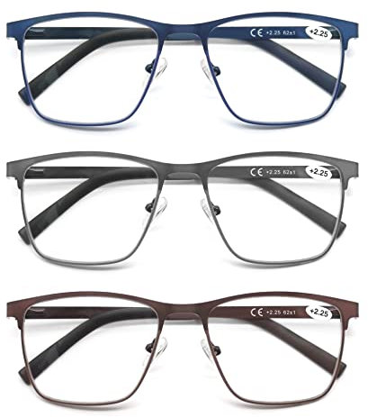 MODFANS 3 Paire de Lunettes de Lecture Homme Anti Lumiere Bleue - Monture Rectangle en Metal Acier Inoxydable Lunettes de Vue Lunettes Loupe Gris-Bleu-Marron