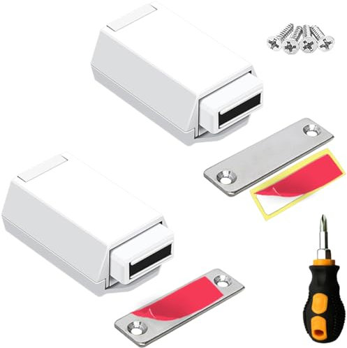 CBRIVE Heavy Duty Push to Open Cabinet Hardware 2 Pack Magnetic Push Latch & Lock for Hidden Door Touch Latches and Catch Magnet Push Release Drawer Pull Tip on RV Closet Close Strong Pop Out, White