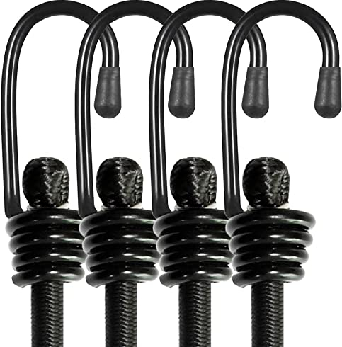 BEXSLE Bungee Cords With Hooks, Heavy Duty Outdoor Elastic Bungee Straps,No odour Industrial Grade bungee rope For Securing Tarps, Luggage, Tents, Bikes or garden tidying 24inch 4Pcs (Black)
