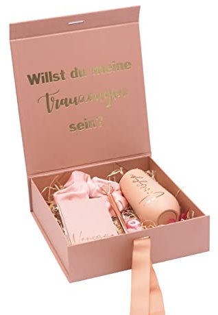Trauzeugin Geschenkbox Personalisiert mit Wunschname und Füllung weiß rosa Hochzeitsgeschenk Überraschungsset JGA Thermobecher Scrunchie Kartenetui - Willst du meine Trauzeugin sein (rosa)