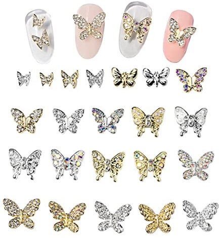Butterfly Nail Charms,22PCS Mixed 3D Metal Butterfly Nail Rhinestones Charms,Shiny Nail Gems Jewels Studs for Nail Art Design Decorations DIY Crafts Gold Silver(Gold Silver 22PCS)