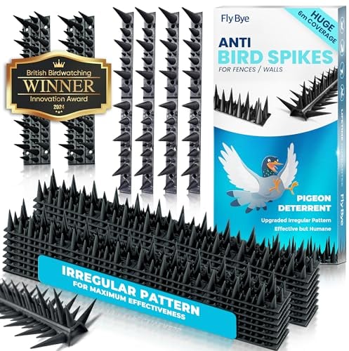 Fly-Bye Anti Bird Spikes - 6m Coverage with 2500+ Spikes - Pigeon and Bird Deterrent for Walls, Fences, Roofs - Irregular Design for Effective Cat and Bird Control Outdoors
