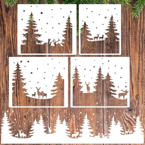 zosylley Weihnachtsschablonen Große Xmas Wald Hirsch Schablone für Holz Weihnachten Winterszene Schablone zum Malen auf Fenster Wand Leinwand Papier, Weiss/opulenter Garten