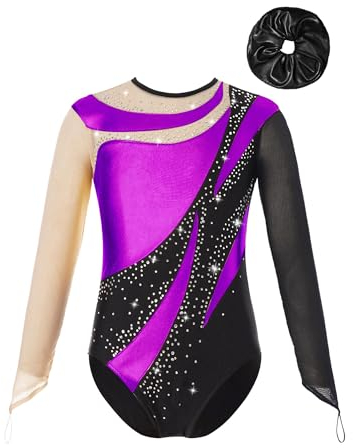 Alvivi Mädchen Turnanzug Langarm Gymnastikanzug mit Haarband Glitzer Eiskunstlauf Body Ballett Trikot Gymnastik Leotard Performance Tanzkostüm Aa Lila&Schwarz 134-140
