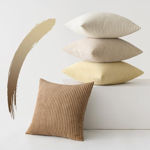 Slozzi 4er Set Kordsamt Kissenbezug Kissenbezüge Kissenhülle Sofakissen Dekokissenbezug Couchkissen Weich für Sofa Schlafzimmer Wohnzimmer Büro, 40x40 cm, Beige Serie
