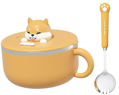 Ziurmut Ramen Noodles Bowl, 1200ml Stainless Steel Soup Mugs with Fork Spoon, Ramen Cooking Cup, Instant Noodle Bowl,cat Soup Pot for Ofice,College,Dorm Room Instant Cooking