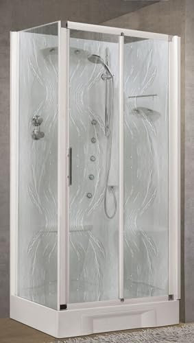 Novellini New Holiday 2P+F Whirlpool, 100 x 70 cm, Duschkabine, multifunktional, Öffnung 1 Schiebetür, rechter Sitz, Thermostat-Mischbatterie, Glas, Aqua Profil, weiß, Handbrause Höhe 206 cm
