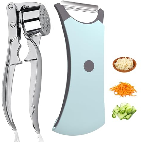 CLINPA Set Pelador de Frutas y Verduras y Prensa Ajos, Pelador Patatas Manual, Triturador de Ajos Manual, Pelador Multiuso, Machacador de Ajos