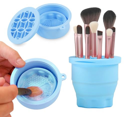 Makeup Brushes Cleaner Mat with Brush Storage Holder, Folding Portable Washing Tool for Makeup Cleaning, 2 In 1 Silicone Brush Cleaner Pad & Cosmetic Organizer Rack (Blue)