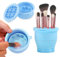 Makeup Brushes Cleaner Mat with Brush Storage Holder, Folding Portable Washing Tool for Makeup Cleaning, 2 In 1 Silicone Brush Cleaner Pad & Cosmetic Organizer Rack (Blue)