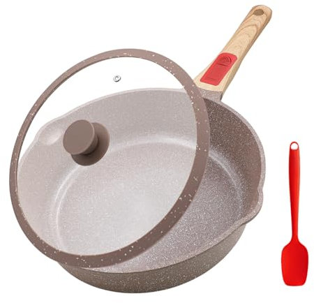 AIKENBBKK Poêle à Frire en Céramique avec Couvercle, Poêle 24 cm avec Antiadhésive Revêtement Céramique- Poignée Amovible- Résistant au four et & lave vaisselle- Marron