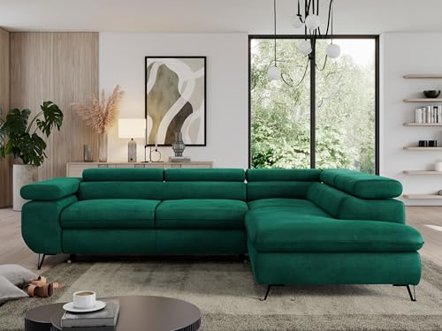 MKS MEBLE Sofa L, Wohnlandschaft L-Form mit Schlaffunktion und Bettkasten, Schlafsofa mit Bettkasten, Ecksofa, Sofa mit Einstellbare Kopfstützen, Pedro L - Grün Velvet - Rechts
