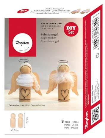 Rayher Bastelpackung Schutzengel, 8teilig, DIY-Set 2 Engel, Holz, 7,7 cm, Weihnachtsdekoration Engel, 64652000