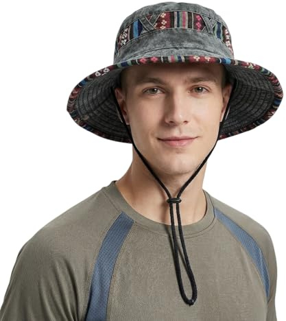 HIQIU Sonnenhut Herren Baumwolle Sommerhut Faltbar Boonie Hut mit Kinnband | Outdoor Fischerhut Damen Ethno Wanderhut Anglerhut Safari Hut