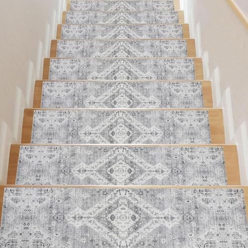 Homcomodar 15PCS Tappeti per Scale 76x20cm Vintage Tappetini per Scale in Legno Passi Tappeti Antiscivolo per Pavimento Protezione Decorativa Tappeto per Scale Interne Grigio