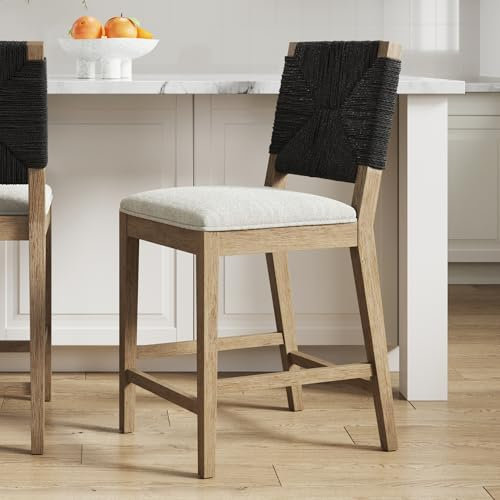 Nathan James Beacon - Taburete de bar bohemio Boucle, taburete de bar tapizado o sillas de isla para cocina, taburete alto de pasto marino con respaldo y patas de madera maciza, color crema y gris