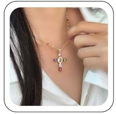 Wendalern Gold-Kreuz-Halskette Für Frauen Diamant-Kristall-Kreuz-Anhänger-Halskette Würfel Kristall-Perlen Satelliten-Kette Halskette Zierliche Kreuz Religiöse Halskette Y2k Schmuck