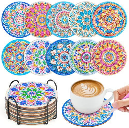 WuGU 10 Pièces Peinture Diamant Dessous de Verre, 10 cm Dessous de Verre en Liège Rond, Mandala sous-Verres Art de Diamant avec Support, Tapis de Tasse Mandala en Bois pour Tasses, Vases, Cadeau-F