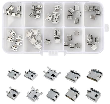 Kaslaider 50 Pièces Prise Micro USB Femelle à 5 Broches, Connecteur Soudé à 180 Degrés, 10 Odèles 5pcs de Chaque Type de Connecteur USB Set pour téléphone Electronique Raspberry DIY