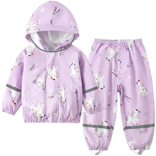Kids Waterproof Suit, Raincoat & Waterproof Trousers 2-Piece Rain Suit Set, Girls Rain Jacket and Rain Trousers Toddler Cartoon Printed Puddle Suit for 1-7 Years