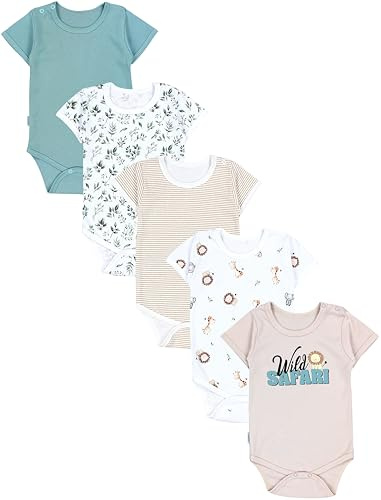 TupTam Baby Body Kurzarm – 5er Set Body Baby aus Baumwolle – Weicher, Atmungsaktiver Kurzarm Body Baby Jungen, Farbe: Tiersafari Blätter Salbei Beige Streifen, Größe: 104