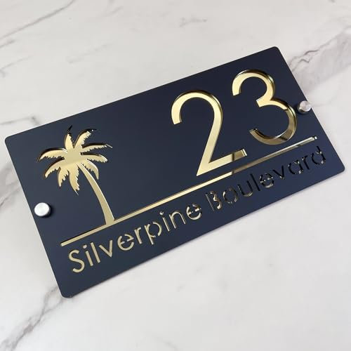 Plaque d'adresse personnalisée - Numéro de maison 3D en acrylique - Découpe au laser - Design moderne avec effet flottant et arbre de vie - Pour maison, hôtel et appartement - Or noir