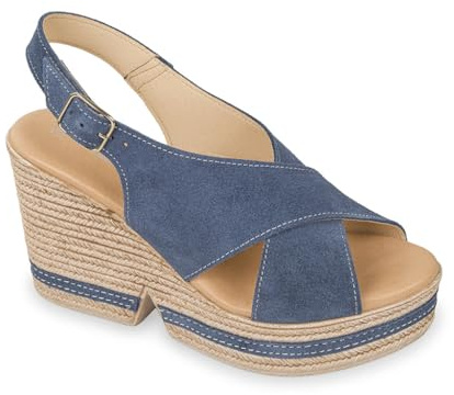Sandali Donna con Zeppa in Corda 8 Cm, Tomaia Scamosciata Incrociata, Cinturino Posteriore, Disponibile in Cuoio e Denim (Denim, Sistema Taglie Calzature EU, Adulto, Donna, Numero, Media, 39)