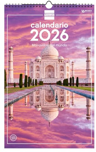 Finocam Wandkalender 2026, Monatsansicht, Januar-Ansicht, Dezember 2026 + Sep. - Dezember 2025 (4 Monate), reduzierte Weltwunderbilder - Spanisch