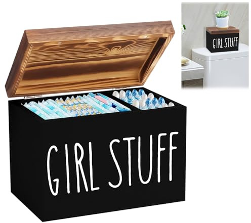 Binden Aufbewahrung Badezimmer, Holz Tampon Aufbewahrungsbox mit Deckel, 2 Fächer Slipeinlagen Box Badezimmer Organizer, Aufbewahrungsbox Hygieneartikel für Tampons Binden Wattestäbchen (Schwarz)