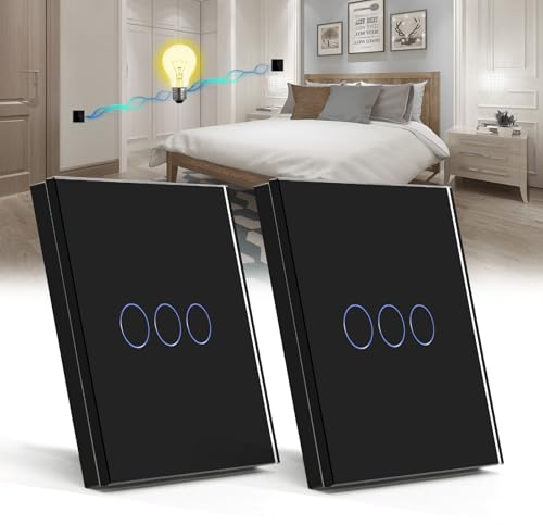 BSEED 2 Pack Touch Light Switch 3 Gang 2 Way, Tempered Glass Panel Light Switches with LED Indicator,Black Touch Sensitive Light Switch-No Neutral Wire