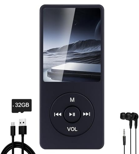 32 GB MP3-Player, Bluetooth 5.3, MP3-Player, verlustfreie Musik, HiFi | Bluetooth 5.3 Wiedergabe, integrierter HD-Lautsprecher, Erwachsene, Super-Farbdisplay, 1,8 Zoll, Schwarz, mit Kopfhörer