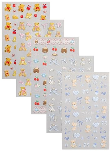 Wonhomke 4pcs Nail Sticker Cartoon Bear Cartoon Nail Art Decals Sticker 5D Embossed Nail Decoration Accessories for Girls/Children/Women (410)